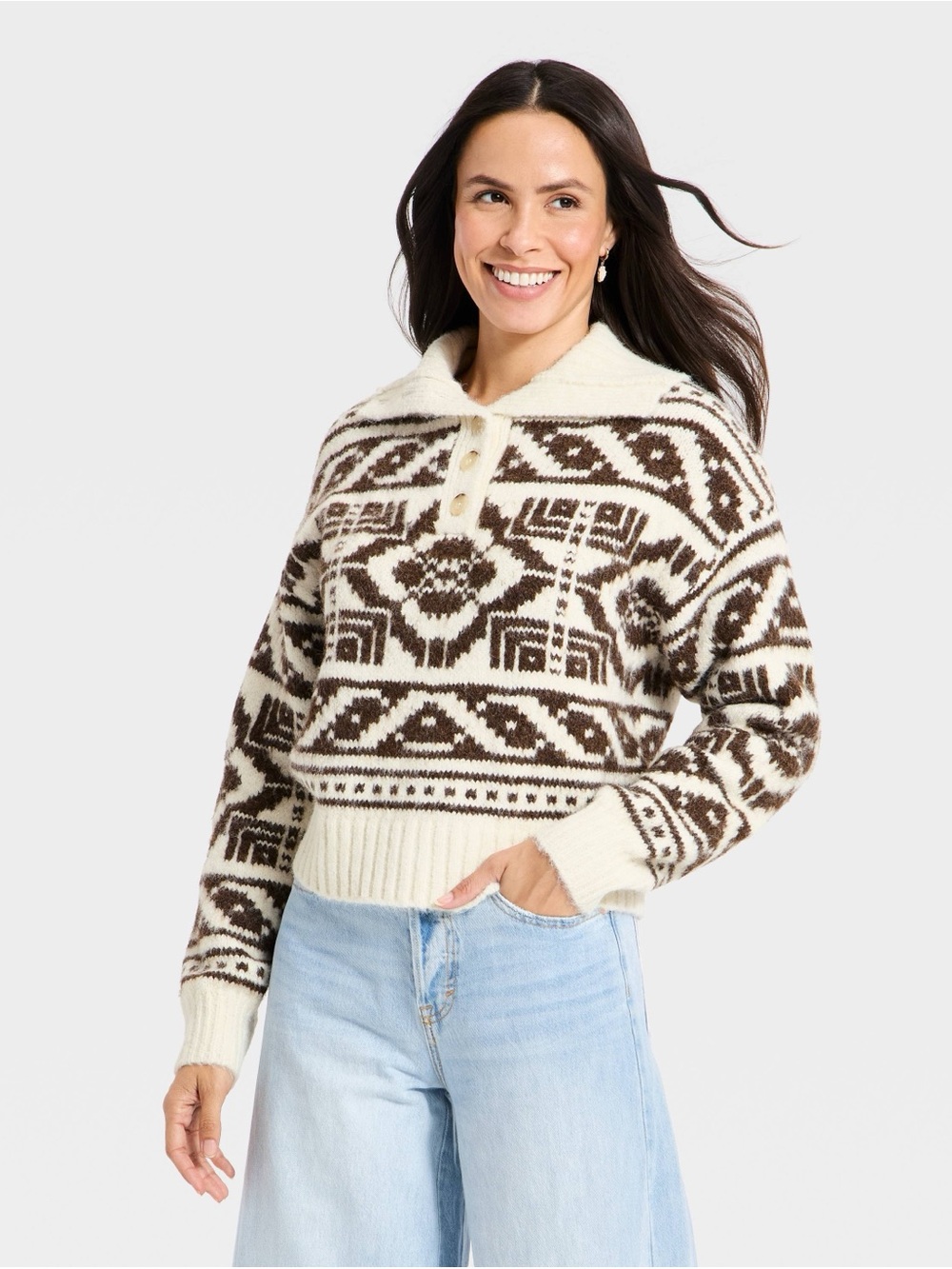 Universal Thread Large Fair Isle Nordic Henley Shawl Collar Sweater Brown Cream